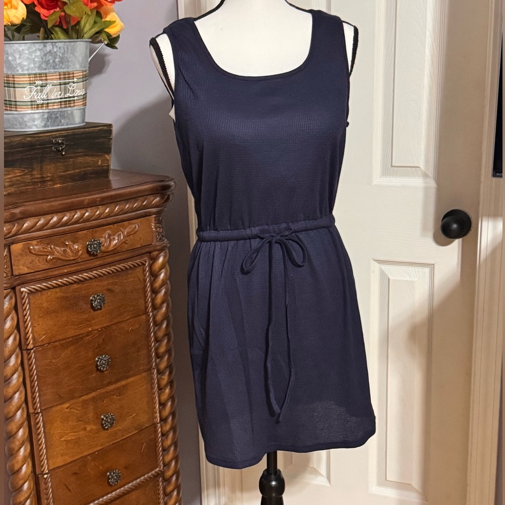 Navy Sleeveless Mini Dress with Belt L NWOT